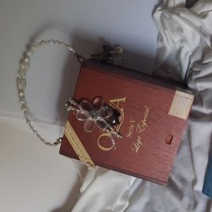 Cigar box purse with faux crystal & pearl accents and dark wood Oliva cigar box
